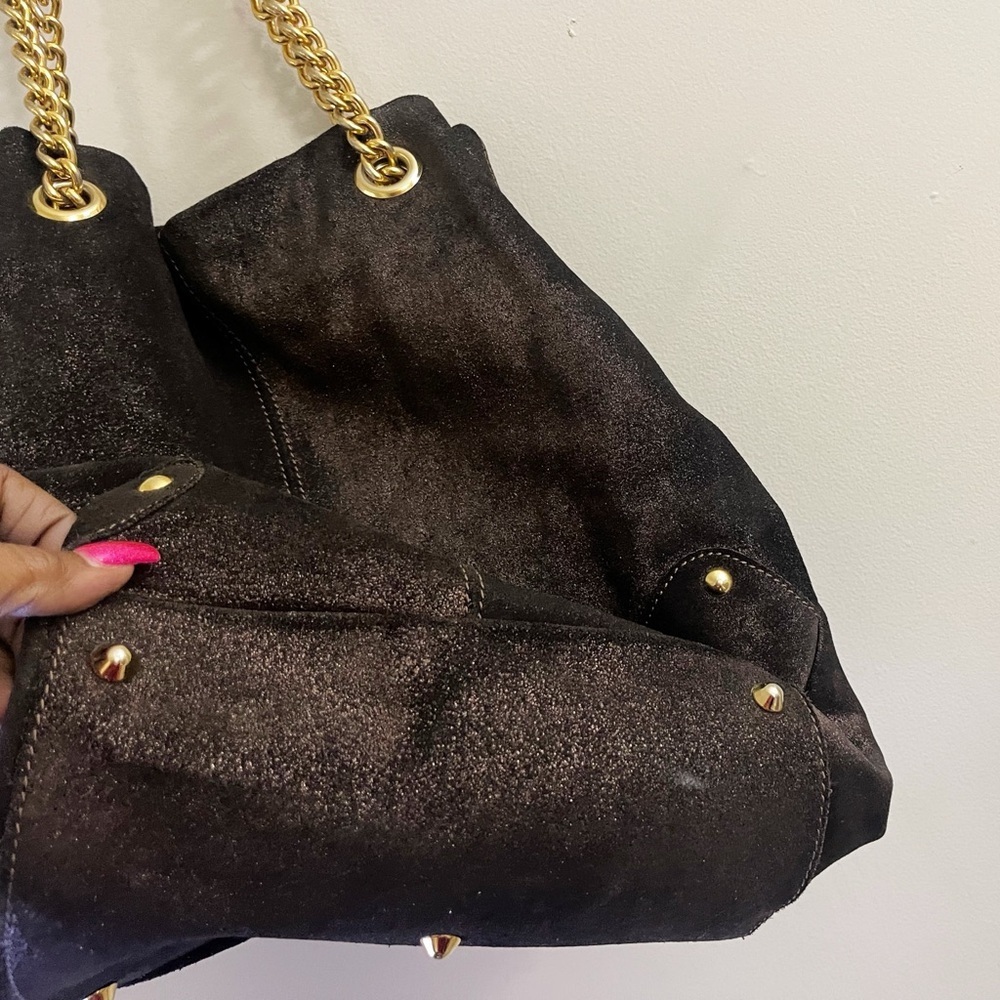 Maurizio Taiuti Brown Suede Shoulder Bag with Gold Chain Chic Classy Minimalist - Picture 7 of 13